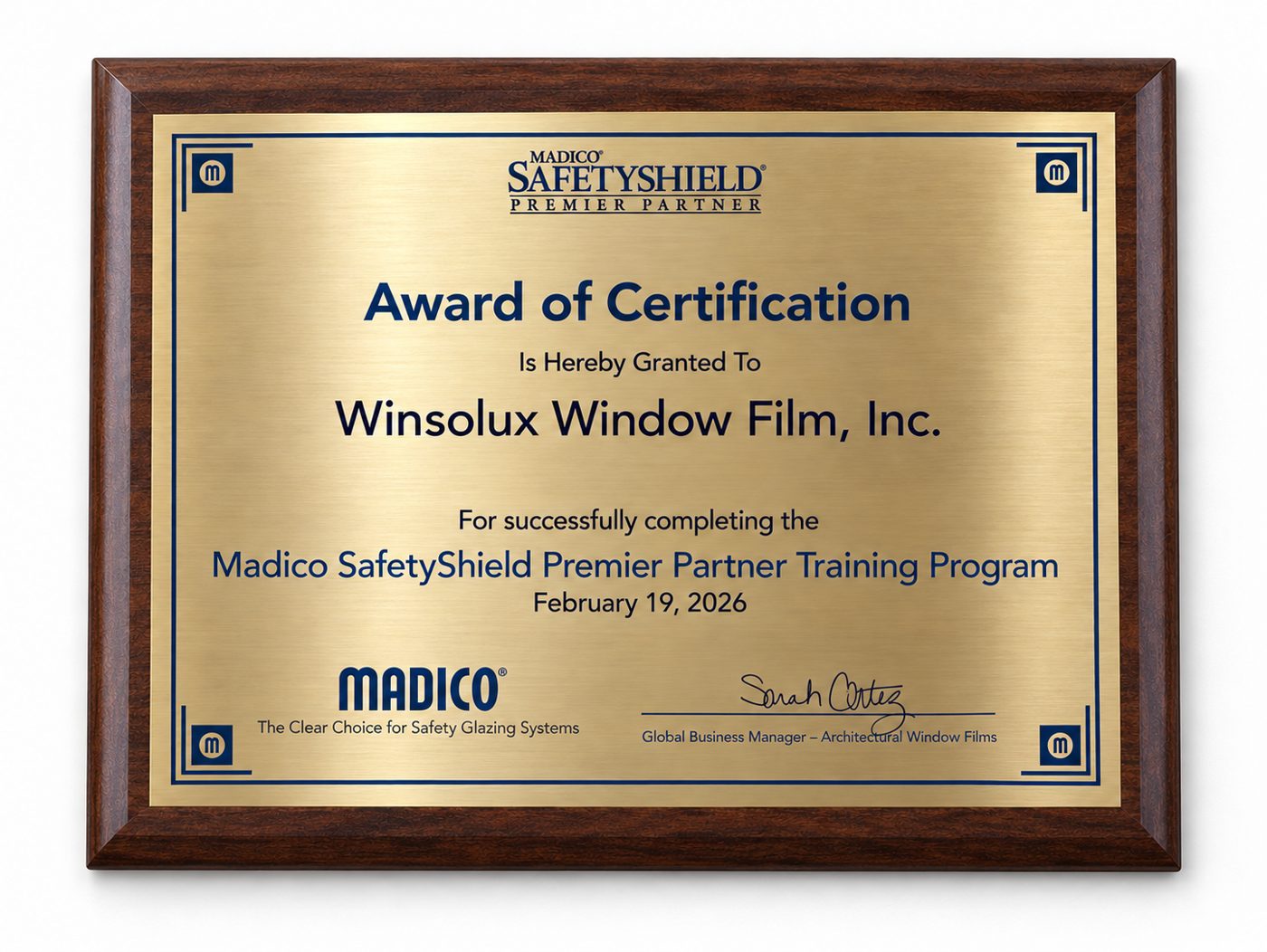 Madico SafetyShield Premier Partner Award of Certification granted to Winsolux Window Film, Inc.