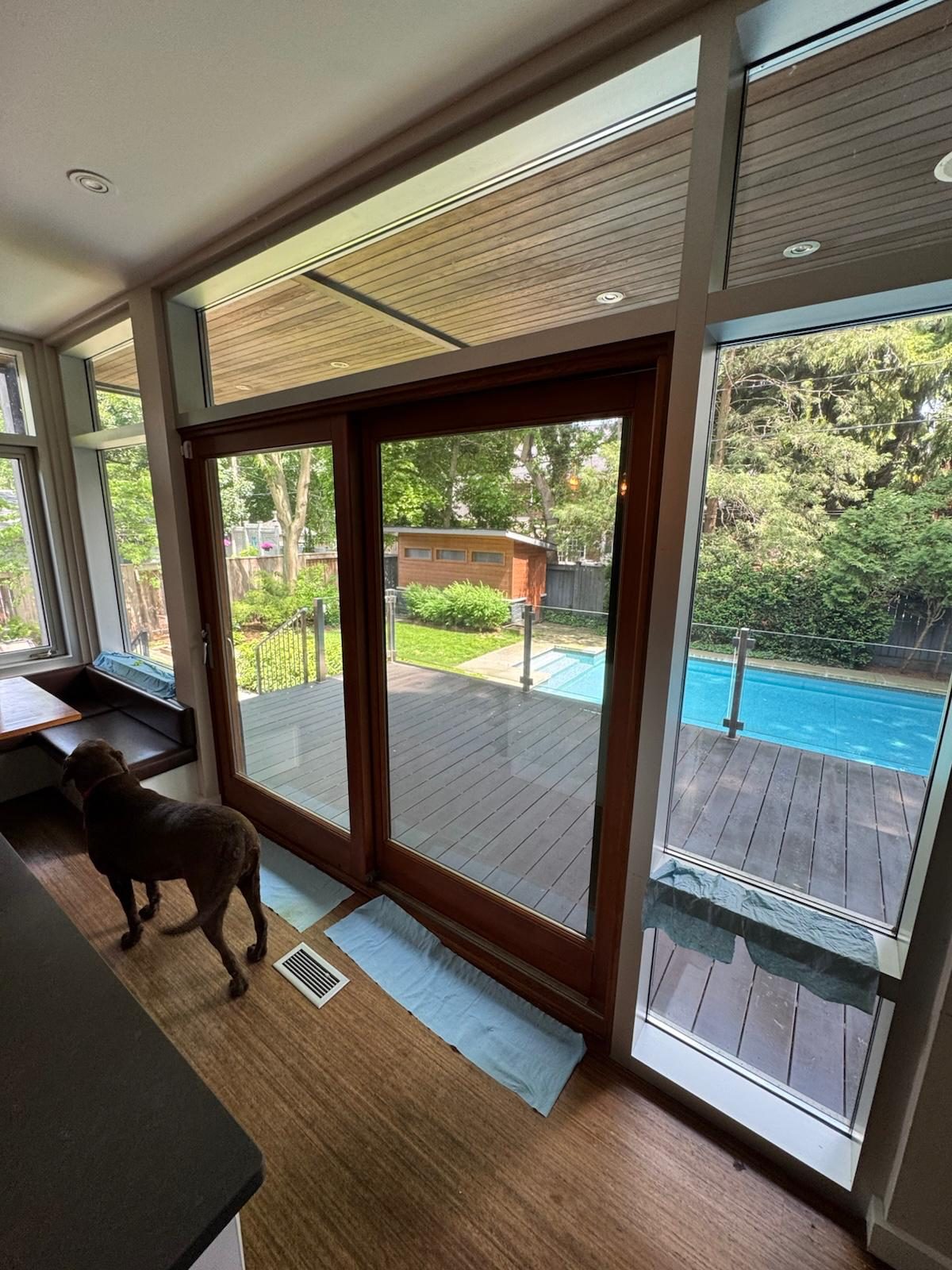 Wood-framed patio door and sidelights overlooking a backyard pool after solar film install